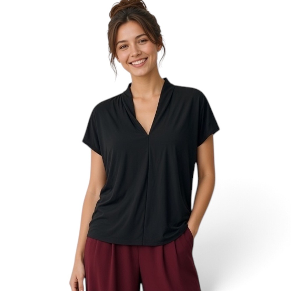 Buffalo David Bitton Black V-Neck Pleated Cap Sleeve Blouse Top XL